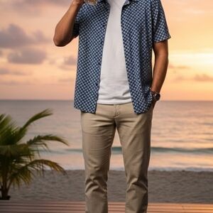 Navy Geometric Casual Button Down Shirt